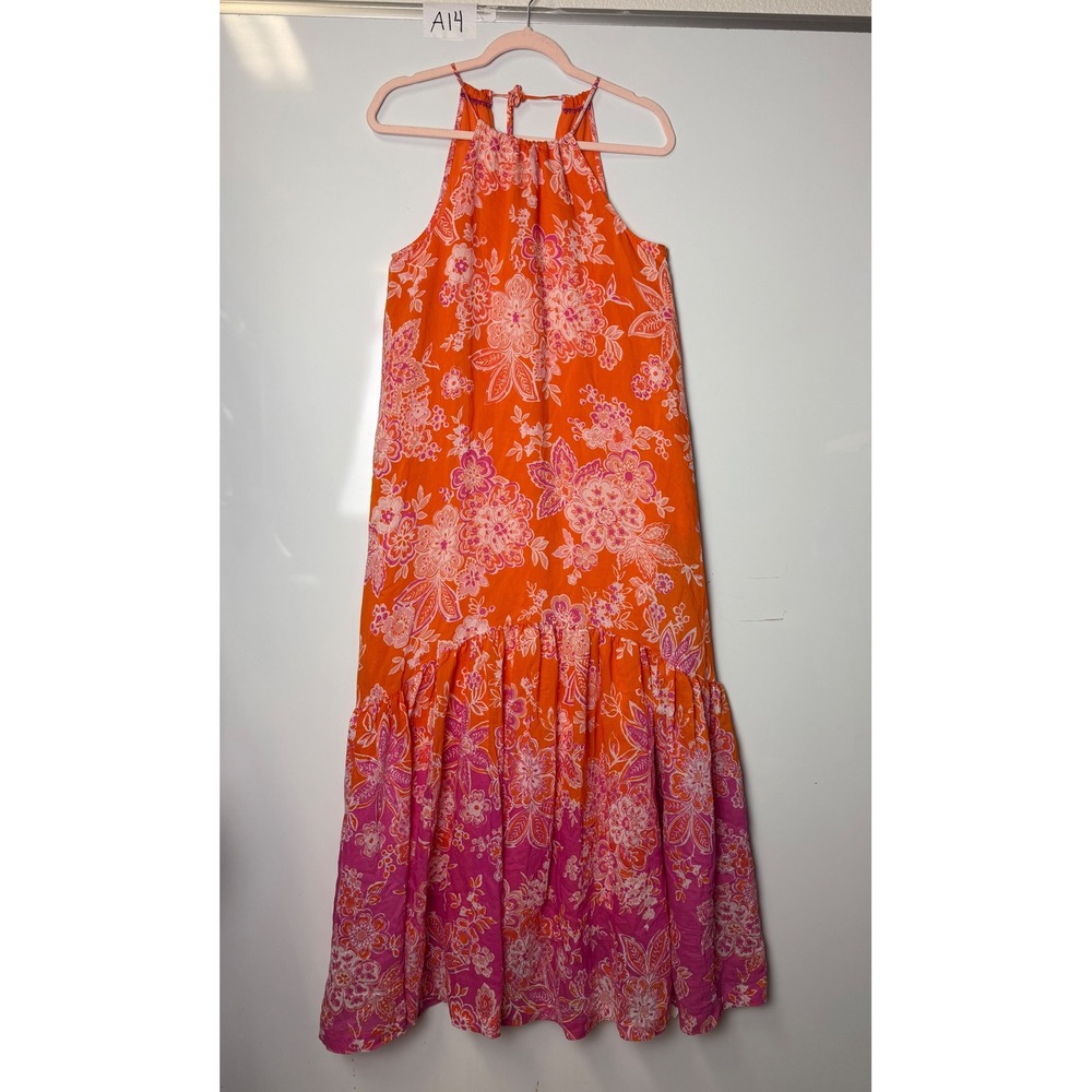 Maeve Anthropologie Floral Halter Maxi Dress Orange Pink Tiered XS NWT